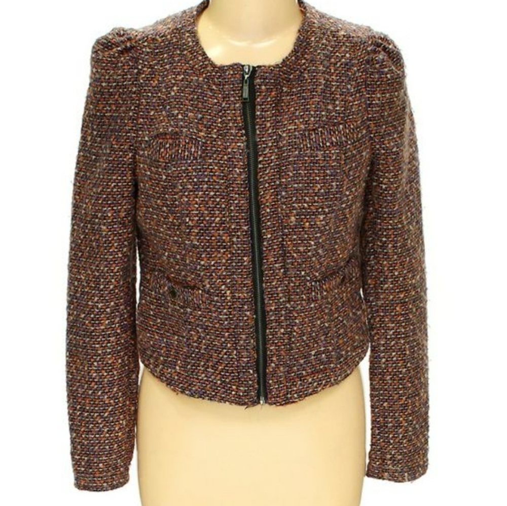 NWT Nordstrom Jou Jou tweed puff shoulder Jacket zip up blazer L